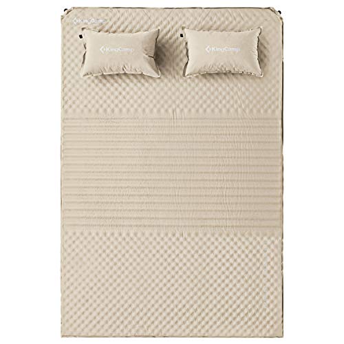 KingCamp Triple Zone Comfort Double Self Inflating 75D Micro Brushed Sleeping Pad Mattress with 2 Pillows (Beige)