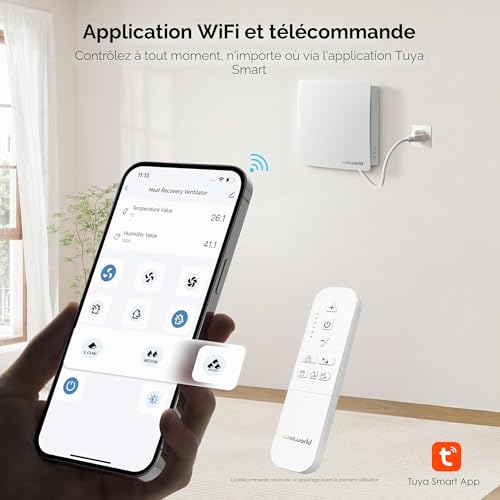 Decentralized VMC 150 mm with Ceramic Heat Recovery, Dual Wall Flow VMC for Single Room, WiFi & Remote Control, Silent EC Motor, 65 s Automatic Cycle