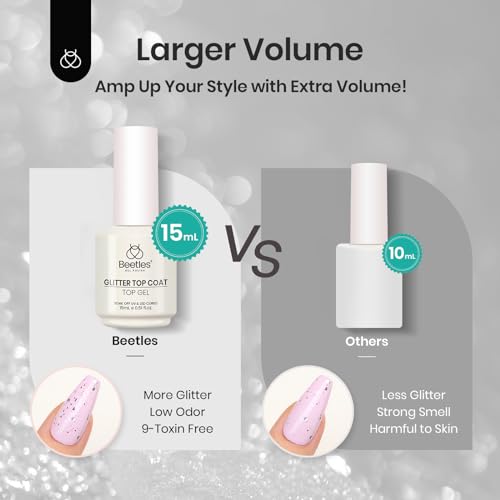 BEETLES 2 IN 1 SILVER GLITTER SEQUINS TOP COAT, 15 ML NO WIPE TOP COAT SOAK OFF UV LED GEL NAIL POLISH LONG LASTING HIGHLY SHINE MANICURE ART DECORATION SUPPLIES