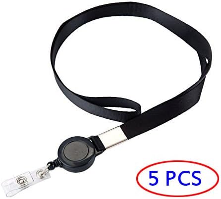 Fushing 5 Pcs Retractable Reels Key Chains Lanyards Neck Strap Band for ID Badge Holder for Business School Event (Black)