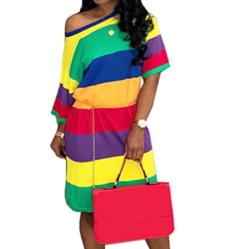 Dress-Han Shi Women Summer Striped Print Short Sleeve Crew Neck Sundress (Multicolor, XL)