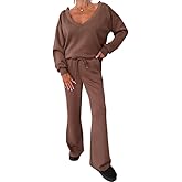 Ninimour Women 2 Pieces Outfit Deep V Neck Pullover Sweatshirt with Casual Drawstring Wide Leg Pants Lounge Set Fall Clothes