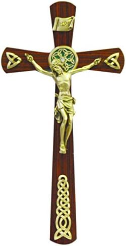 12" Walnut Wood CrossWith Rosewood Veneer, Antique Gold Finish Corpus With Celtic Plaque And Adornments, Crystal Stones