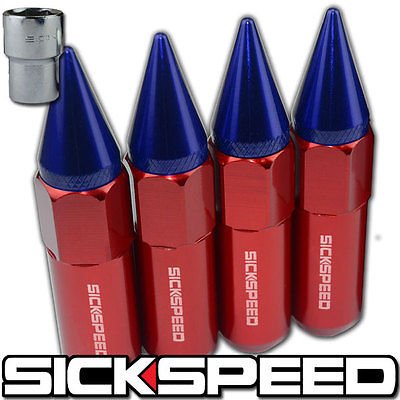 4 Pc Red/Blue Spiked Aluminum Extended Locking Lug Nuts Wheel 14X1.5 L19 for Dodge Charger