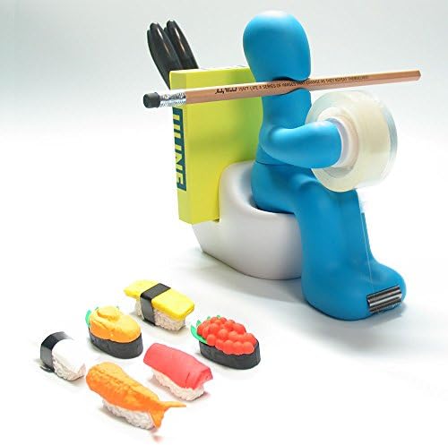 Butt Station Stationary Organizer with 1 Free Sushi Eraser - Easy to Organize and Store Tape, Pen, Pencil, Memo, and Paper Clip (Blue)