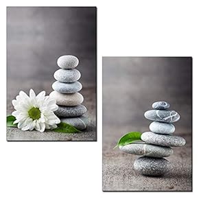 2 Panel Canvas Wall Art - Spa Still Life with Zen Stones and Flower - Giclee Print Gallery Wrap Modern Home Art Ready to Hang - 16"x24" x 2 Panels