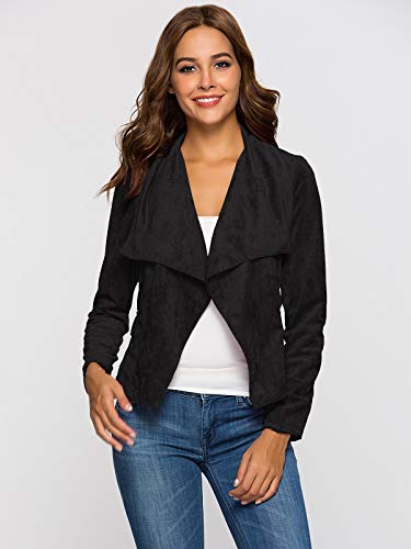 Escalier Womens Suede Leather Jacket Open Front Lapel Cardigan Blazer Jackets Black S - Thumbnail 4