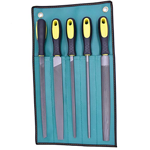 Fatmingo 5 Piece 10" High Carbon Steel Files Set Rubber Handles - Flat/Round/Square/Half Round Rasp Files Set Filing Metal/Wood/Leather with Storage Pouch and A Brass Brush