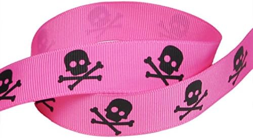 HipGirl Halloween Grosgrain or Satin Fabric Ribbon for Holiday Pirate Party Decoration, Hair Bow Accessory, Scrapbook, Match Your Costume-20 Yard 3/8 Inch Skull Cross Bone, Hot Pink/Black