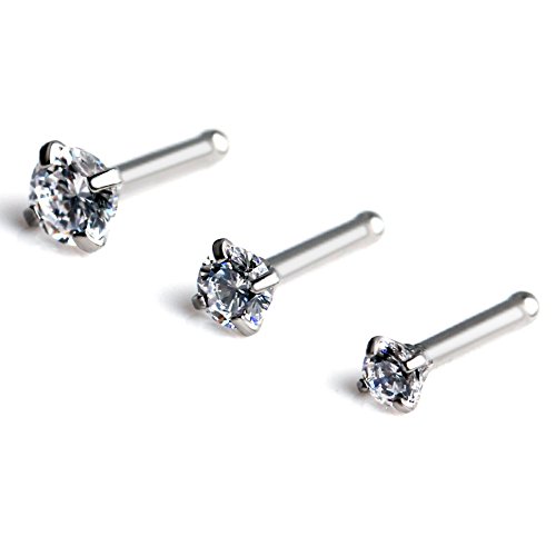 Ruifan 3PCS 18G 316L Surgical Steel 2mm 2.5mm 3mm Clear Round Diamond Cubic Zirconia Crystal Nose Bone Studs Rings Pin Piercing Jewelry - Steel