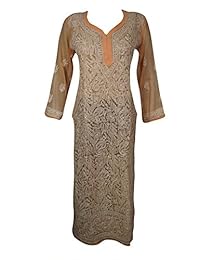 Women Tunic Caftan Dress Kurta Embroidered Peach Georgette Shift Dresses M/L