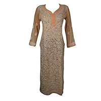 Mogul Interior Women Tunic Caftan Dress Kurta Embroidered Peach Georgette Shift Dresses M/L
