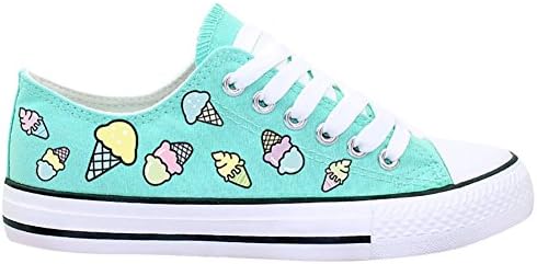 Womens Teen-girls Cute Floral Ice Cream Print Low-top Flat Canvas Shoes Fashion Sneakers (7, green)