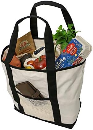 Simple Ecology Reusable Organic Cotton Super Strength XL Grocery Bag - Black (Shopping Bags, Heavy Duty, Washable, Foldable, Pockets, Handbag, Strong Handles, Strong Magnetic Closure)