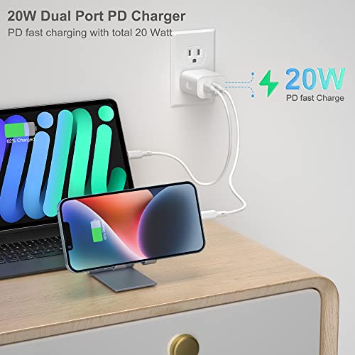 USB C Charger Block, Bangfun 20W Dual Port USB C Power Adapter Fast Chargeur Wall Plug with 6FT Type C Cable Charging Block Brick for iPhone 17 16e 15 Pro Max Plus Pad Air,Pixel 10 9 8 7(White)