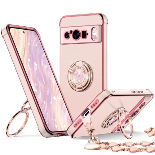 XYZ for Google Pixel 9 Pro XL Case with Stand, Pixel 9 Pro XL Case with Double Ring, Women Girls Cute Love-Heart Luxury Bling Protective Case for Google Pixel 9 Pro XL Case, Pink