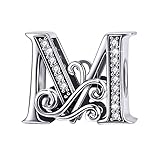 BAMOER 925 Sterling Silver Initial Letter M Charms for Snake Chain Bracelet Necklace Alphabet Beads