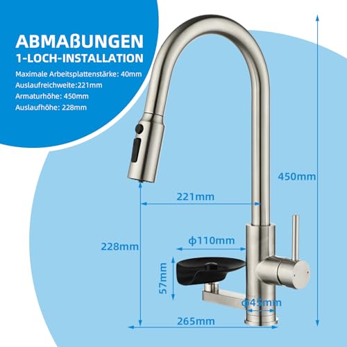 Mynaiad 3-Way Kitchen Tap with Removable Dual Outlet Water Filter, 360° Rotation, Kitchen Sink Tap, Kitchen Mixer, Brushed 304 Stainless Steel