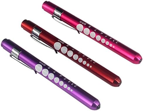 Pocket Size Reusable Penlight Pupil Gauge Graduation Pen Light Pack of 3 Rose Red and Purple