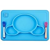 Toddler Placemat + 2 Spoons - No More Mess - BPA Free Silicone Plate Set - Improved Non-slip Suction - Baby Table Place Mat for Babies, Infants, Toddlers, Kids - Portable Travel Bowl Spoons Blue