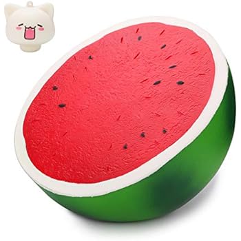 WATINC 10inch Jumbo Squishies, Large Watermelon Squishies, Birthday Gift for Kids, Giant Simulation Cute Fruit Squeeze Toy for Collection, Decorative Props, Stress Relief, Bonus Cat squishies