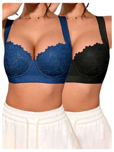 OYOANGLE Women's 2 Pack Floral Lace Underwire Bra Push Up Bralette Wide Strap Balconette Bras Blue/Black 36D at Amazon