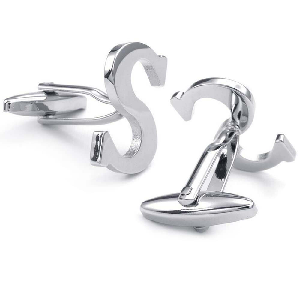 HONEY BEAR Mens Initial Alphabet Letter Silver White Steel Wedding Formal Business Cufflinks (S)