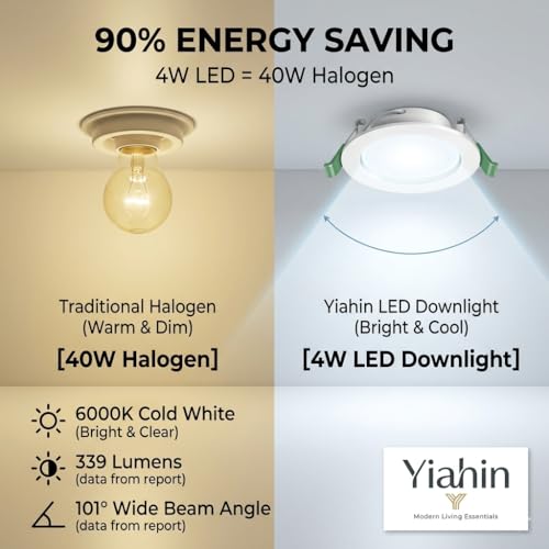 Recessed LED Spotlights Set of 12, 4W 339LM Cool White 6000K, Ultra Flat Ceiling Spotlights 230 V Without Transformer, Plastic LED Spotlight, Depth 28 mm, Not Dimmable for Bathroom