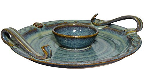 Pottery Handmade Party Platter with Dip Bowl. 9" Diameter Serving Plate with Celtic Spiral Logo. Original Irish Design Hand-Glazed for Durability and Quality of Finish