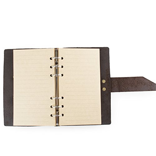 ANCICRAFT Leather Journal Diary Notebook A6 Small Refillable with Simple Strap 6-ring Binder Lined Craft Paper (Dark brown simple strap A6)