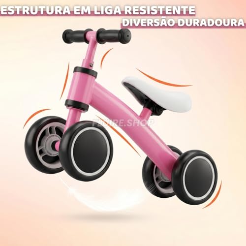 Bicicleta de Equilíbrio Infantil sem Pedal Rosa 4 Rodas para Coordenação Motora, Equilíbrio e Primeiros Passos, Brinquedo de Passeio para Bebê com Desenvolvimento Motor, Segurança e Conforto