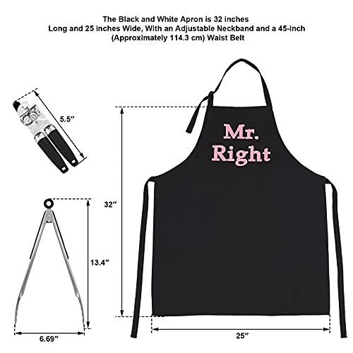 Mr & Mrs kitchen Apron set, Couple Cooking Aprons with Pockets, Engagement Gift, Wedding Anniversary, Bridal Shower Gift with a 12-Inch Grill Clip and Can Opener, Black & White Aprons 4 Piece