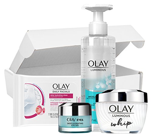 SkinCare Kit by Olay Luminous Daily Glow Regimen Kit, Cleanser + Whip Moisturizer + Eye Gel + Bonus Wipes