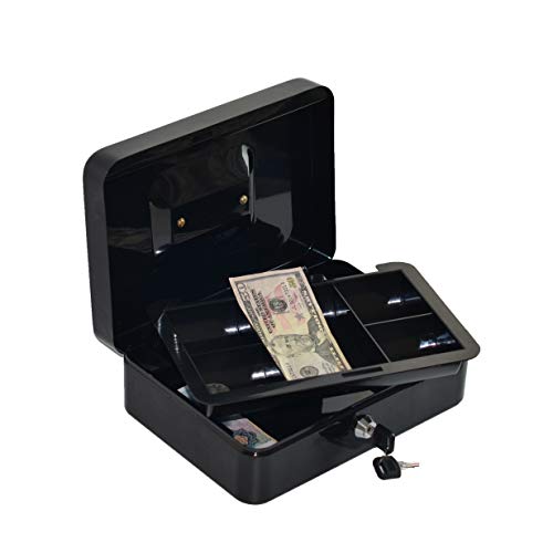 Masmartox Cash Box with 5 Money Tray and Key Lock, Black-Security Locking Money Box with Carrying Handle,10Inch