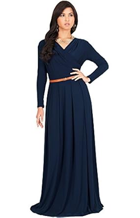 KOH KOH Womens Long V-Neck Full Sleeve Semi Formal Flowy Evening Cute Maxi Dress