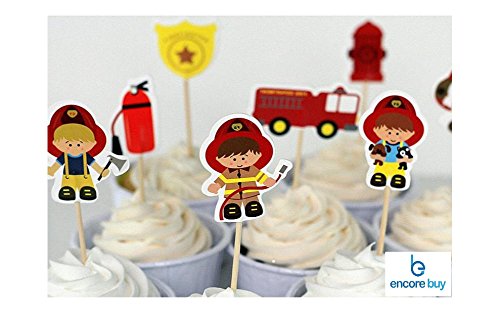 Encore Buy Fireman Cupcake Topper Set 24 PC, Fire Fighters Birthday Party Decorations, For Children or Adults