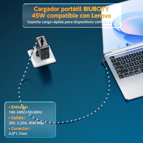BIUBOTY Charger 45W 20V 2.25A Laptop Compatible with Lenovo IdeaPad 100 110S 120S 310 310S 320 330S 110-15ISK 100-14IBY 310S-14IKB 330S-15IKB 510 710 S14IKB 5 ADL4 5wcg pa-1450-55lu 4.0 x 1.7mm