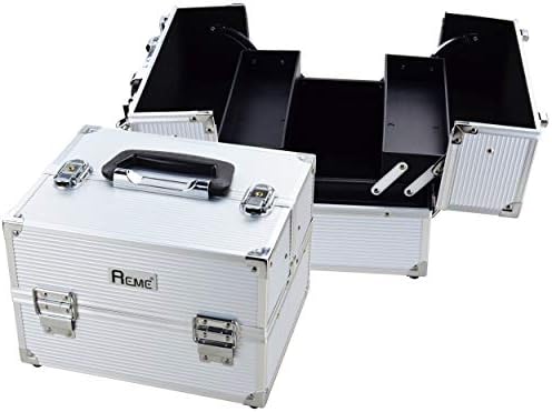 Makeup Train Case Cosmetic Organizer Case With Plastic Trays, Silver Stripe ABS Surface,Classic Type