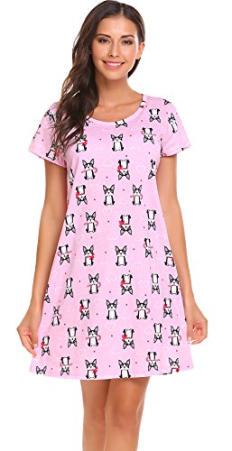 Sweetnight Women Short Sleeve Nightgowns Cute Printed Cotton Sleepwear Nightshirts (L, Pink)