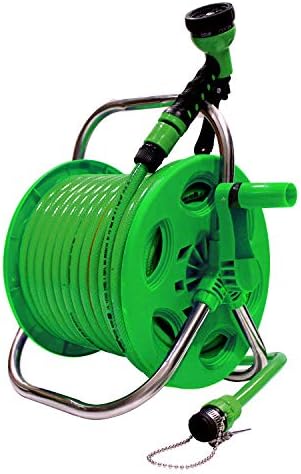 AquaHose Water Hose Pipe Reel 30 mtr (100 feet) Folding Handle - Revolving Type with ISI Marked Hose Pipe (Hose Connector with Tap Adapter, Butterfly Clamp & Bead Chain to Tighten) Water Hose