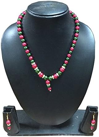The Indian Arts Pink-Green Pearl Pendant Necklace with Earings Double color Fashion Jewelry for Womens