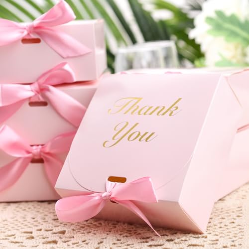 HAKACC 20PCS Small Gift Boxes, Party Favour Box with Bow Ribbon Thank You Gift Box Mini Candy Treat Box for Birthday Wedding Party Holiday Pink