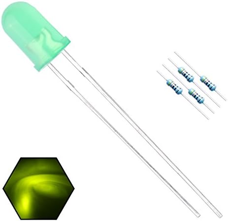 100pcs 5mm Yellow-Green Lights LED Diodes (Green Lens) Diffused Round Lens 29mm Long Lead (DC 3V) +100pcs Resistors (for DC 6-12V) Included,Bulb Lamps Light Emitting Diode
