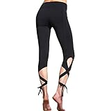 Klorify Belly Dance Pants Yoga Tights Tie up Leggings Strappy Dry Fit Workout Capris High Waist(Small, Black)