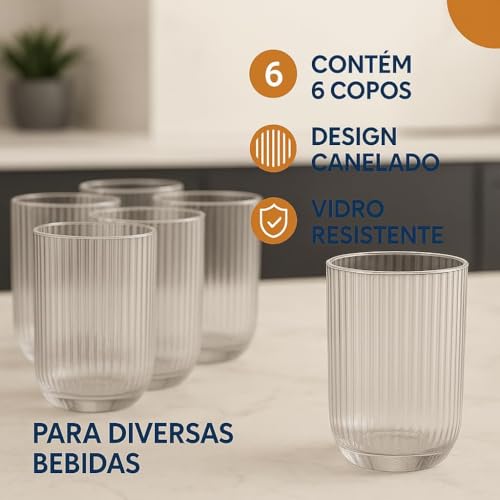 Kit 6 Copos de Vidro Canelado Transparente 430ml Design Moderno Elegante Ideal para Água Suco Drinks Whisky Refrigerante Mesa Posta Cozinha Bar Restaurante Jogo com 6 Copos Para Ambientes Elegantes