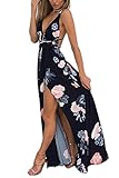 YOINS Women Navy V-neck Random Floral Print Open Back Splited Hem Maxi Dress