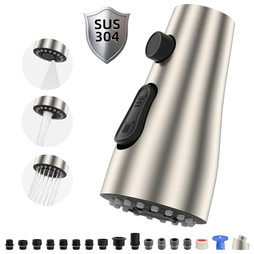 View 1 of Hibbent Metal Pull Down Spray Head for Kitchen Faucet, Kitchen Sink Spray Nozzle with 15 Adapters, Faucet Head Replacement Compatible with Moen, American Standard, Delta, Kohler Faucet, Brushed Nickel