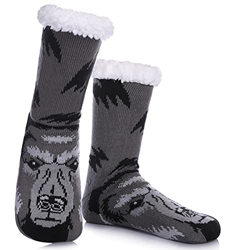 DYW Mens Slipper Socks Animal Fuzzy Non Slip Fluffy Winter Warm Soft Thick Fleece lined Thermal Home Socks