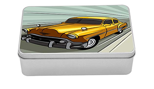Amazon Com Ambesonne Cars Metal Box Speeding Yellow Vintage Car On Road Fast Vehicle Action Retro Inspired Multi Purpose Rectangular Tin Box Container With Lid 7 2 X 4 7 X 2 2 Reseda Green Yellow Grey