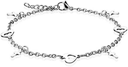 Jinique JSB-7154 Stainless Steel Chain with Heart and Cross Dangle Charm Anklet Bracelet